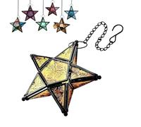Moroccan Lantern Decorative - Star Shaped Stained Glass Tea Light Lantern with Metal Frame Hanging Candle Holder for Indoor Outdoor Patio Garden, Easy Hanging (Yellow)