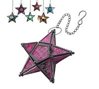 Moroccan Lantern Decorative - Star Shaped Stained Glass Tea Light Lantern with Metal Frame Hanging Candle Holder for Indoor Outdoor Patio Garden, Easy Hanging (Purple)