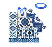 Moroccan Mosaic Ceramic Tile Wrapping Paper, 6 Designs White and Blue Morocco Geometric Motifs - Folded Flat Vintage Gift Wrap Papers with Ribbon Set for Eid ul-Fitr Festival Birthday Wedding Party