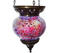 Moroccan Mosaic Hanging Lamp - Candle Holder Lantern - Bronze Effect Handmade - Unique Crushed Glass Tiffany Style - Red (LAMP 2)