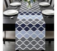 Moroccan Ombre Dark Gray Blue Table Runner 14x72 Inches Long Abstract Wave Lines Retro Cotton Linen Table Runner Burlap Style for Dinner Table Party Decor Tabletop Decorations