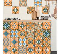 Moroccan Orange and Blue Peel and Stick Wall Tiles - Self Adhesive Home Decoration for Kitchen, Bathroom, Stairs - 10 Pieces (10x10cm)