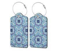 Moroccan Portuguese Style Classic Tiles,Luggage Tags Pu Leather Name Tag Travel Suitcase Identifier ID Tags Durable Luggage Label 2 pcs