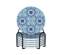 Moroccan Portuguese Style Classic Tiles,Round Ceramic Coasters, Mugs Pad, Cups Mat Set of 6 Drinks Coasters With Holder