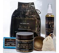 Moroccan Rituals Hammam Set - Black-Soap with Argan 200g, Traditional Kessa Glove, 100ml Pure Argan Oil, Blue 'Nila' Soap Bar with Exfoliating Pouch & Aker Fassi Cheek & Lip Tint