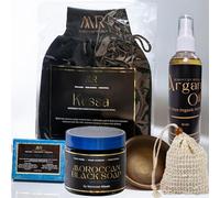 Moroccan Rituals Hammam Set - Black-Soap with Blue 'Nila' Powder, Kessa Glove, Argan Oil, Nila Soap Bar with Exfoliating Pouch & Aker Fassi Cheek & Lip Tint