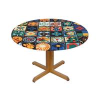 Moroccan Round Fitted Tablecloth with Elastic Edge, Mandala Flower Stretchable Table Cover for 45-50 Inch Tables Waterproof Protector for Indoor Outdoor Dining Party