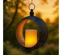 Moroccan Solar Garden Lantern Hanging LED Light Metal Pierced Outdoor Lamp with Copper Interior Waterproof 32cm Decorative Lantern for Patio Balcony Garden