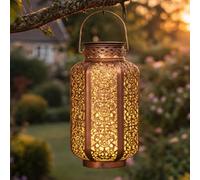 Moroccan Solar Lantern Outdoor Hanging or Table Light, Metal Cut-Out Garden Solar Lantern with Warm LED Glow, Solar Powered Patio Lantern, Copper Finish, 30cm