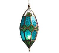 Moroccan Style Hanging Glass Tealight Lantern (Large Green/Blue)