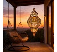 Moroccan Style Hanging Lantern, Antique Gold, Metal, Floral Cut-Out Design, Indoor Outdoor Pendant Light