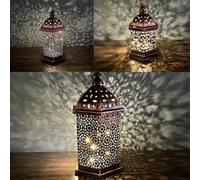 Moroccan Style Metal Lantern Set with Brass Effect, Vintage Iron LED Candle Holders for Indoor Outdoor Hanging or Table Décor, Battery Powered Night Light in Sm(Small)
