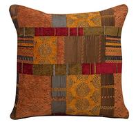 Moroccan Style Patchwork Cushion Cover. Double Sided. 17x17" Square Pillowcase. Rich red chenille, ethnic terracotta burnt orange faux sulk, tribal green. Heavyweight fabric. Handmade in the UK.