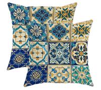 Moroccan Style Pillow Covers Set of 2, Blue Vintage Ornate Tile Throw Pillows Case, Decorative Square Home Decor Cushion Covers for Couch Sofa Bed Living Room 18x18 Inch