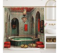 Moroccan Style Shower Curtain, Teal and Gold Artistic Bathroom Decor, Exotic Modern Oasis Home Decor for Spring Summer, Luxury Fabric with Hooks 72x78 Inch