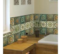 Moroccan Style Tile Stickers Green Bathroom Kitchen Fireplace Surround Transfers Covers Decals Self Adhesive Waterproof Vintage Ethnic Art Wall Paper 15x15cm/20x20cm