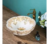 Moroccan Style White Gold Flower Shape Bathroom Vessel Sinks Art Ceramic Above Counter Sink Bowl for Vanity Top