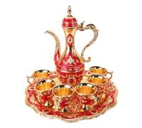 Moroccan Tea Set, 6Pcs Turkish Coffee Cup Set with Pot, Metal Vintage Turkish Teapot Kitchen Accessories for Home, Tea Party, Wedding, Bar, Red
