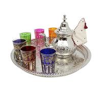 Moroccan Tea Set Engraved Extra Large: Silver Teapot with Integrated Filter and Teapot Holder, 6 Multicoloured Tea Glasses and Silver Tray, Handmade in Morocco, Serving Mint Tea Gift Set