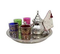 Moroccan Tea Set Engraved Medium: Silver Teapot with Integrated Filter and Teapot Holder, 4 Multicoloured Tea Glasses and Silver Tray, Handmade in Morocco, Serving Mint Tea Gift Set