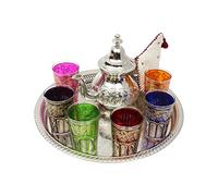 Moroccan Teapot Set Engraved Large: Silver Tea Pot with Integrated Filter and Teapot Holder, 6 Multicoloured Tea Glasses and Silver Tray, Handmade in Morocco, Serving Mint Tea Gift Set