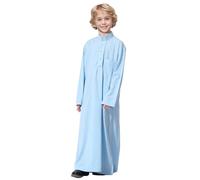Moroccan Thobe Boys Eid Clothes Muslim Robe with Pocket Stand Collar Long Sleeve Kaftan Crew Robe National Costume Kids Abaya Traditional Wear for Eid Parties and Family Portraits Sky Blue