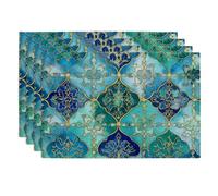Moroccan Tile Design Placemats, Blue and Teal Geometric Table Mats for Spring Summer Dining, Washable Indoor Outdoor Decorative Place mats Set of 4