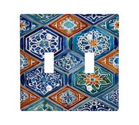 Moroccan Tile Light Switch Cover Plate/Outlet Covers, Vibrant Blue and Green Patterns for Home Decor, Thermoplastic Wall Plates, Standard Size Double Toggle