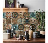 Moroccan Tile Stickers for Kitchen 24 pcs Bathroom Self Adhesive Tiles Stick On Wall Waterproof Oil-Proof Vintage Mosaic Art (20cm x 20cm, 8x8 inches) for Stairs (Brown)