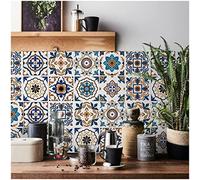 Moroccan Tile Stickers for Kitchen 24 pcs Bathroom Self Adhesive Tiles Stick On Wall Waterproof Oil-Proof Vintage Mosaic Art (10cm x 10cm, 4x4inches) for Stairs (Blue Orange 2)