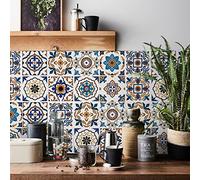 Moroccan Tile Stickers for Kitchen 24 pcs Bathroom Self Adhesive Wall Tiles Stick Waterproof Oil-Proof Vintage Mosaic Art (15cm x 15cm, 6x6 inches) for Stairs (Blue Orange 2)
