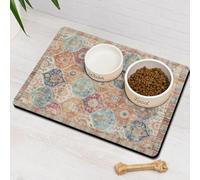Moroccan Trellis Dog Food & Water Mat, Mexican Talavera Boho Colorful Pet Feeding Mat for Floor Non-Slip Waterproof, Super Absorbent Cat Bowl Mat, Easy to Clean Durable Pet Placemat,16" × 24"
