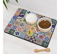 Moroccan Trellis Dog Food & Water Mat, Mexican Talavera Boho Colorful Pet Feeding Mat for Floor Non-Slip Waterproof, Super Absorbent Cat Bowl Mat, Easy to Clean Durable Pet Placemat,12" × 20"