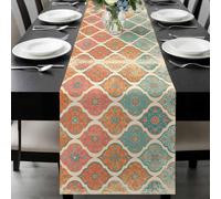 Moroccan Trellis Table Runner 18x72 Inches Long Red Orange Teal Geometric Flower Texture Cotton Linen Table Runner Burlap Style for Dinner Table Party Decor Tabletop Decorations