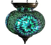 Moroccan Turkish Mosaic Hanging Candle Holder Lantern Bronze Effect Handmade Unique Crushed Glass Tiffany Style Turkish Moroccan Lamp Green Colour