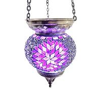 Moroccan Turkish Mosaic Hanging Candle Holder Lantern Bronze Effect Handmade Unique Crushed Glass Tiffany Style Turkish Moroccan Lamp Purple