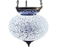 Moroccan Turkish Mosaic Hanging Candle Holder Lantern Bronze Effect Handmade Unique Crushed Glass Tiffany Style White Lamp