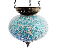 Moroccan Turkish Mosaic Hanging Lamp Hanging Candle Holder Lantern Lamps Bronze Effect Handmade Unique Crushed Glass Tiffany Style Turkish Moroccan Lamp Turkish Lamp Turquoise (LAMP 11)
