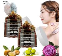 Morocco Black Soap, Black Soap With Argan And Rose, Morocco Body Scrub 200g, Deep Cleansing, Moisturises Skin, Long Lasting Fragrance (2 Pcs)