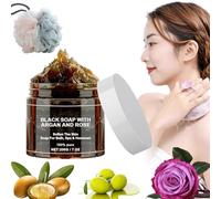 Morocco Black Soap, Black Soap With Argan And Rose, Morocco Body Scrub 200g, Deep Cleansing, Moisturises Skin, Long Lasting Fragrance (1 Pcs)