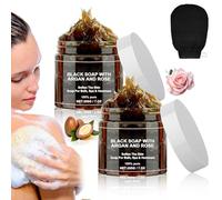 Morocco Black Soap with Argan and Rose, Morocco Black Beldi Bar Exfoliating Soaps, Moroccan Black Soap Hammam, Moroccos Body Scrub with Exfoliating Glove, 2 PCS