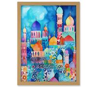 Morocco Cityscape Moonlight Folk Art Artwork Framed Wall Art Print A4 Artery8 Light Oak One Size