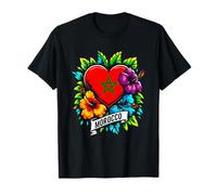 Morocco Flag in Heart with Colorful Flowers T-Shirt
