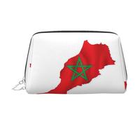 Morocco Flag Map Print Leather Cosmetic Pouch, Leather Makeup Bag for Purse with Top Zip Closure Stylish Toiletry Bag