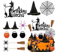 Morofme 13pcs Witch Cake Topper Halloween Cake Decoration Halloween Witch Cakes Decorations Black Themed Cupcake Toppers Hat Broom Spider Web Glitter Happy Birthday Decor for Scary Party Supplies