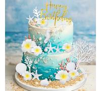 Morofme 21Pcs Hawaiian Beach Cake Decorations Starfish Cake Decor with Seashells Artificial Plumeria Flower Happy Birthday Cake Toppers for Tropical Aloha Summer Ocean Theme Wedding Baby Shower