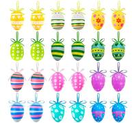 Morofme 24Pcs Easter Hanging Eggs, Colorful Easter Eggs Decorations with Strings, Plastic Hand Painted Egg Featuring Stripes, Flowers, Leaves, Polka Dots, Easter Tree Decorations for Home Party