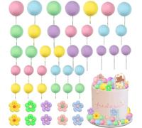 Morofme 46Pcs Daisy Flower Cake Topper Mini Balls Cake Decorations Blue Pink Green Pearl Ball Cupcake Toppers Ball Picks DIY for Birthday Baby Shower Wedding Party