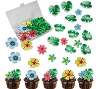 Morofme 83pcs Edible Tropical Turtle Leaves Flower Cupcake Toppers Wafer Paper Palm Leaf Flower Cake Topper Edible Cake Decoration for Hawaii Aloha Jungle Summer Theme Wedding Birthday Baby Shower