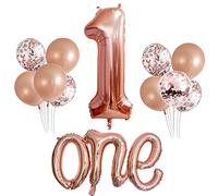 Morofme Balloon 1st Birthday 12 Pieces, 40 Inch Rose Gold Foil Balloon 1/One, Numbers Balloon Set with Helium Balloon 1, Latex Balloon, Confetti Balloon for Birthday Decoration, 1 Year Anniversary